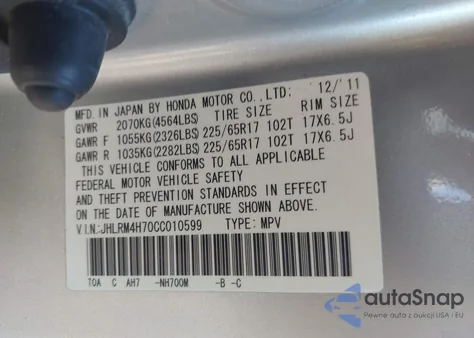 2012 Honda Cr-V Ex-L z USA, uszkodzony, nr VIN JHLRM4H70CC010599